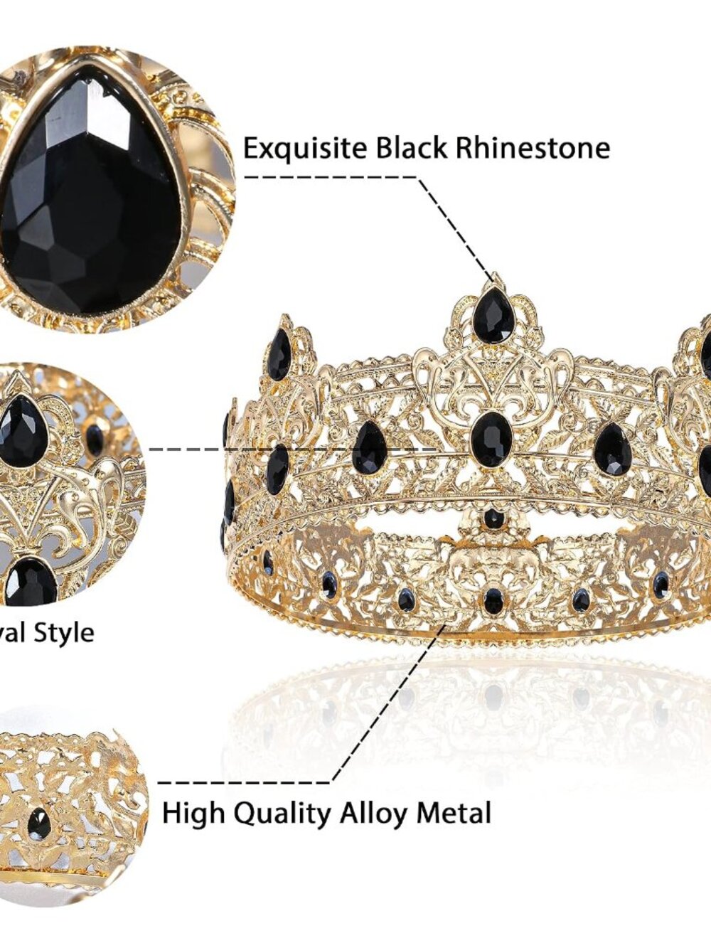 Gold King Crowns for Men, Royal Crown with Black Rhinestone, Birthday Crown for - Picture 6 of 7
